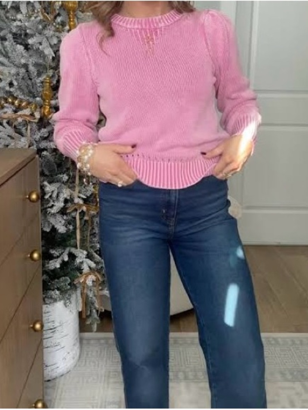 Pink Puff-Sleeve Shaker Knit Crewneck Pullover Sweater Small 4 6